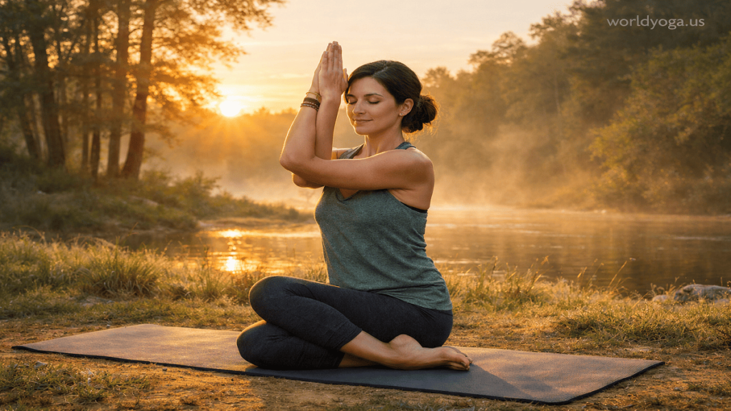 A person practicing a kneeling yoga pose combining Cow Face and Garuda variations outdoors at sunrise with crossed limbs and calm posture.