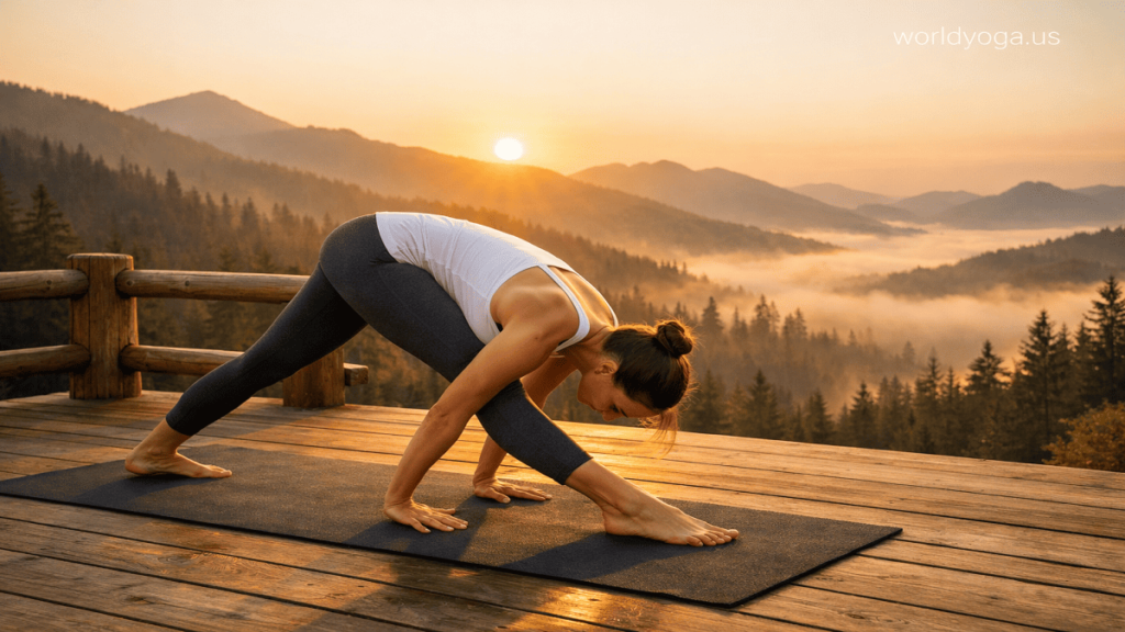 Yogi practicing Vishama Pada Prapada Parshvottanasana outdoors during sunrise in a natural setting.