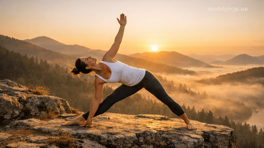 Yogi practicing Triangle Pose outdoors during sunrise on a mountain with scenic background.
