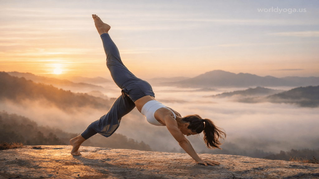 Hasta Kulpa Eka Pada. A yoga practitioner holding a one-hand, one-leg Downward Dog variation outdoors at sunrise with a scenic natural background.