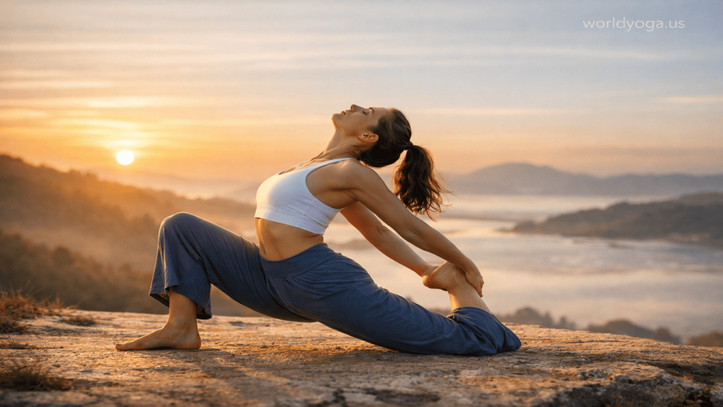 A yoga practitioner in a low lunge with back knee on the ground, performing a hip-opening stretch outdoors at sunrise.