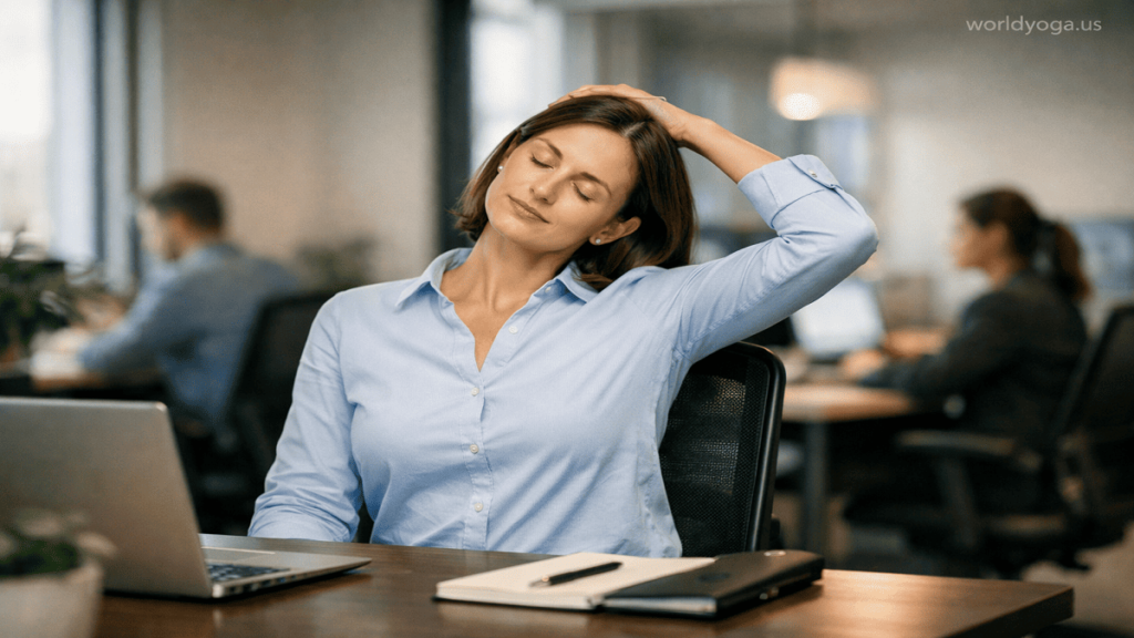 An office worker seated at a desk performing slow neck exercises as part of Graivasana practice to relieve stiffness and improve posture.