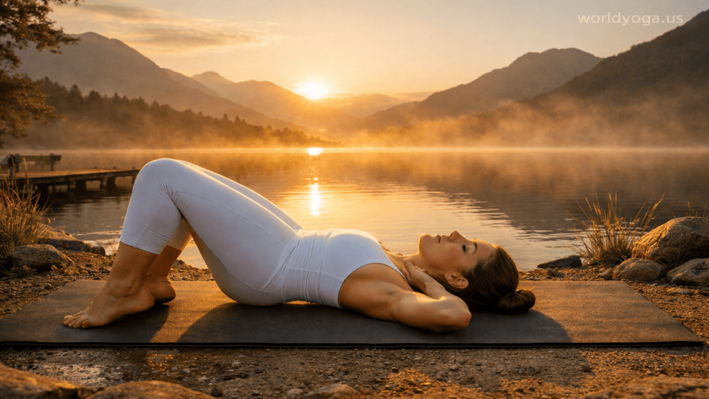 Yoga practitioner practicing Necklace Pose outdoors near a lake during sunrise with a peaceful natural background.