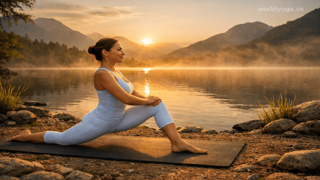 Experienced yoga practitioner practicing Low Lunge outdoors near a lake during sunrise.