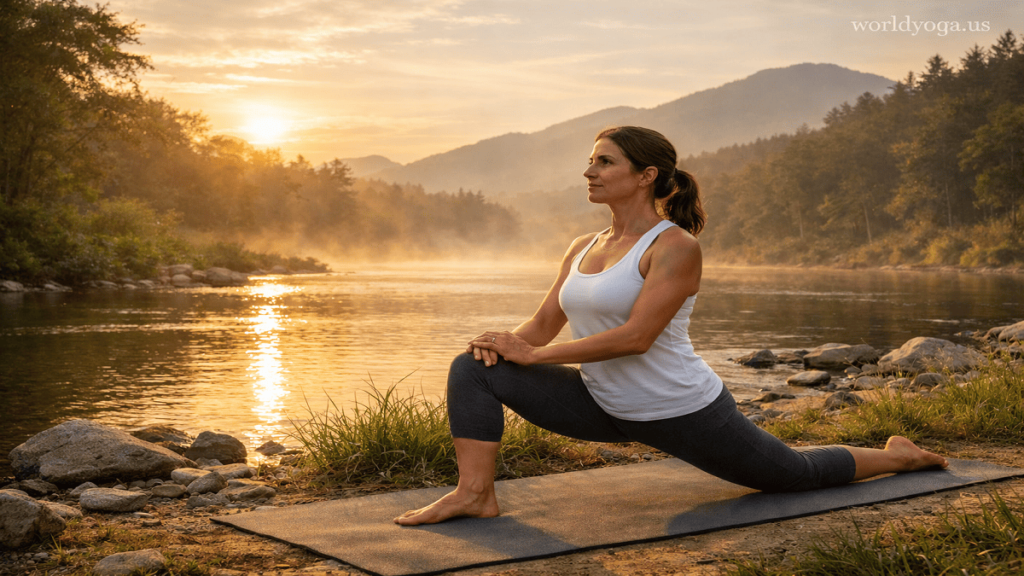 Yoga practitioner performing Ashva Sanchalanasana outdoors during sunrise near a natural landscape.