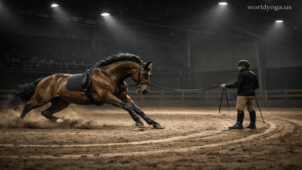 Athletic horse performing a deep canter lunge in a spotlight-lit indoor arena with a trainer guiding from the center.