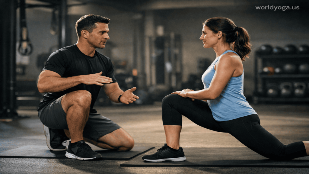 A trainer guiding a client performing a hip-aligned low lunge with back knee under hip socket in a functional fitness gym environment.