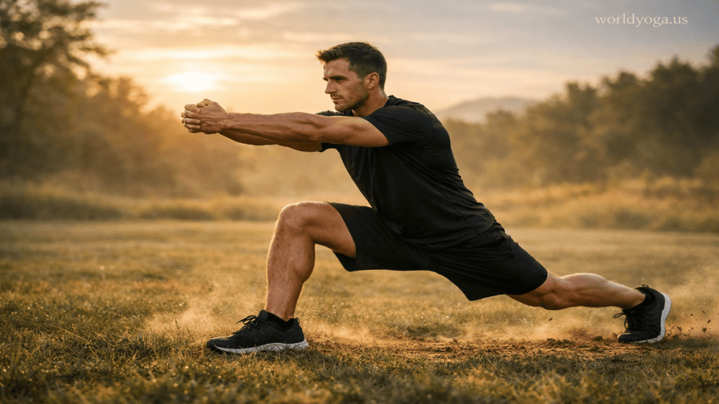 Athlete performing Fighting Warrior Pose outdoors on a grassy field with a wide stance, bent front knee, and arms extended forward in a power position.