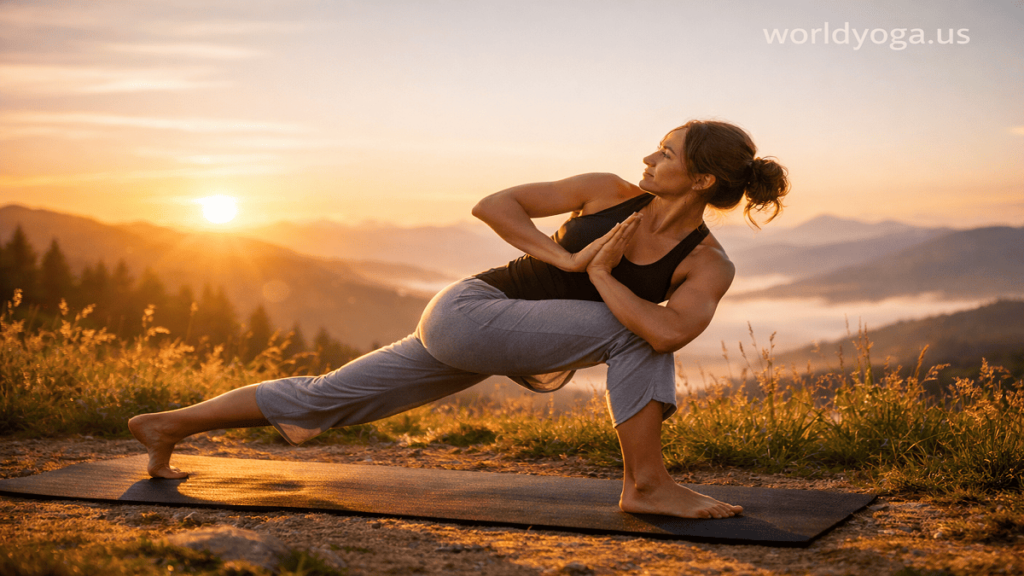 Practitioner performing Prapada Parivritta Anjaneyasana, a revolved low lunge yoga pose on toes with deep spinal twist and balanced posture in a yoga studio setting.