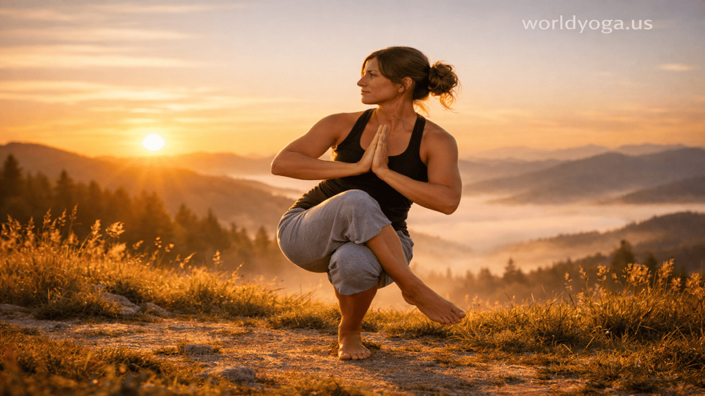 Athletic practitioner performing Vatayanasana (Horse Face Pose yoga posture), balancing on one leg in a deep squat with the opposite leg folded, hands in prayer position, demonstrating strength and stability in a yoga studio setting.