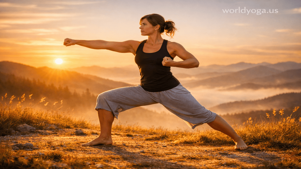 Athletic practitioner performing Yudhasana (Warrior Stance yoga posture) in a grounded standing position with stable legs, upright spine, and focused balance in a yoga studio environment.