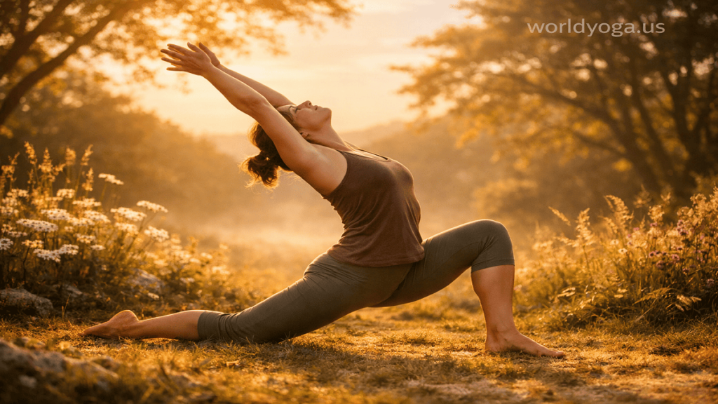 Outdoor yoga practitioner in Anjaneyasana with stacked back knee under hip performing a gentle backbend at sunrise.