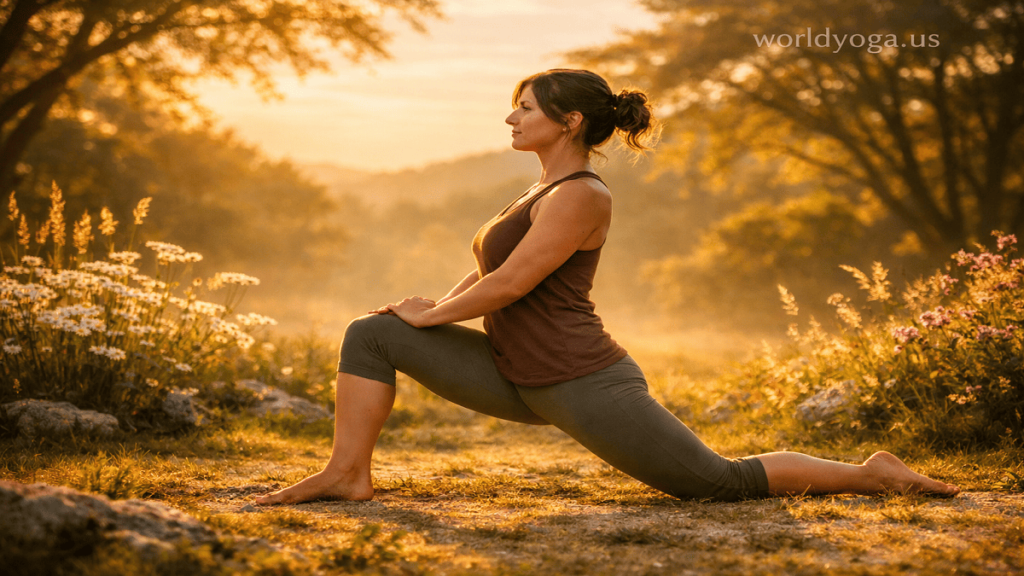 Outdoor yoga practitioner in Ardha Ashva Sanchalanasana half lunge with stacked alignment during sunrise.