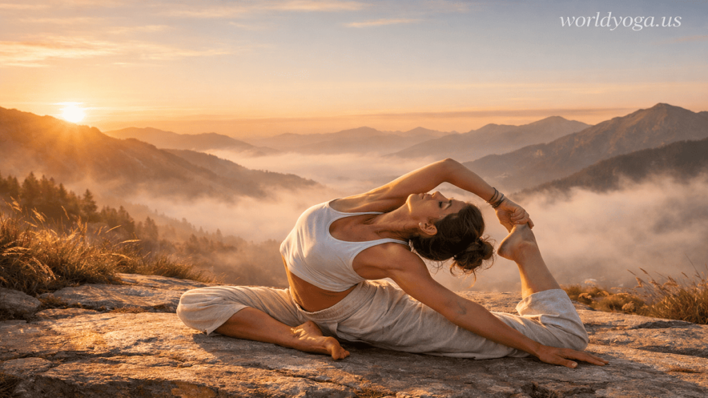Advanced yoga practitioner performing Eka Pada Shirsha Uttana Pristhasana, a deep hip-opening lunge variation with extended front leg, elongated spine, and controlled balance in a studio setting.