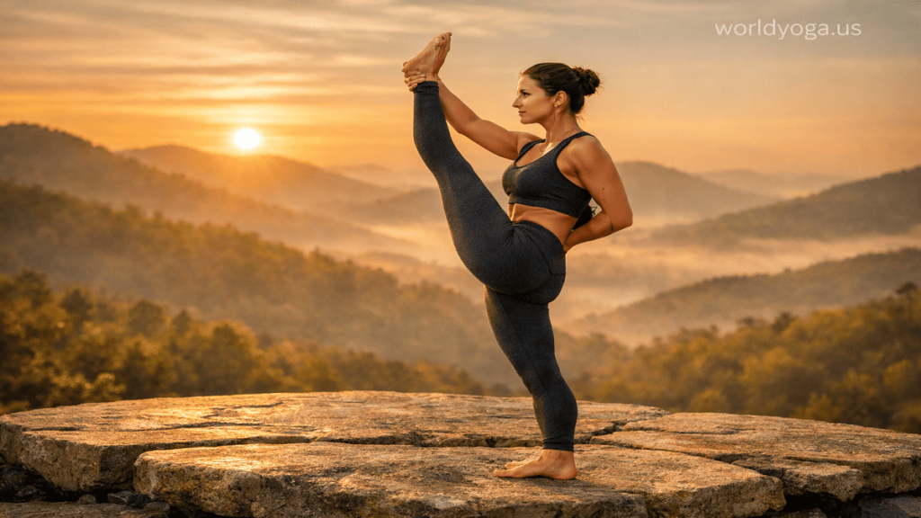 Advanced yogi performing Kuntasana in a dynamic balancing yoga posture with strong core engagement, controlled alignment, and full-body stability.