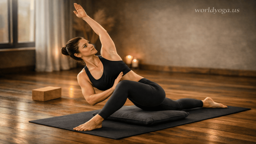 Yoga practitioner in Revolved Low Lunge (Parivritta Anjaneyasana) performing deep spinal twist in indoor studio with warm lighting and “worldyoga.us” watermark in top-right corner.