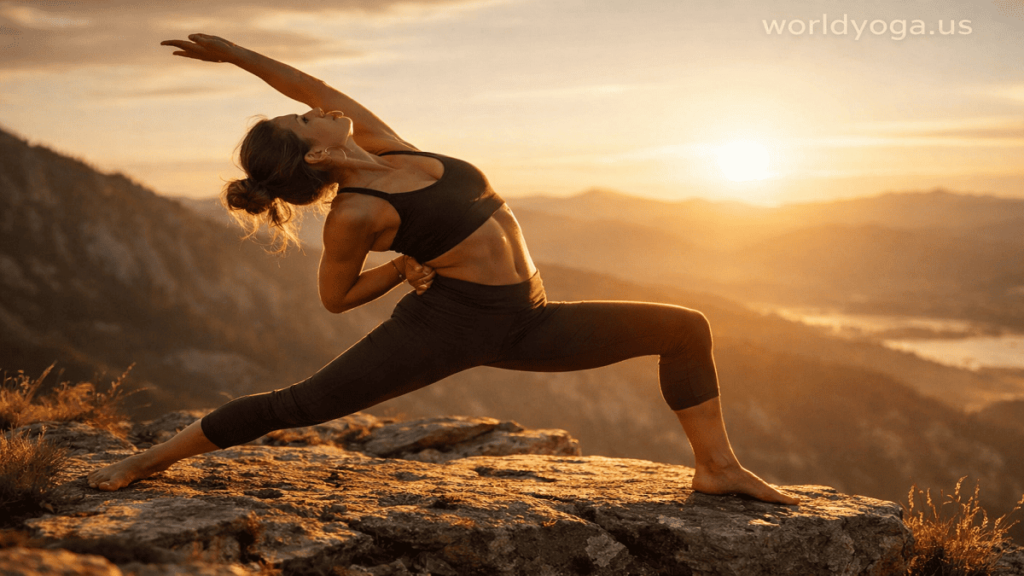 A yoga practitioner performing Ardha Baddha Viparita Virabhadrasana, showing a strong Warrior II base with a deep reverse backbend and a half bind behind the back, demonstrating balance, flexibility, and controlled spinal extension.