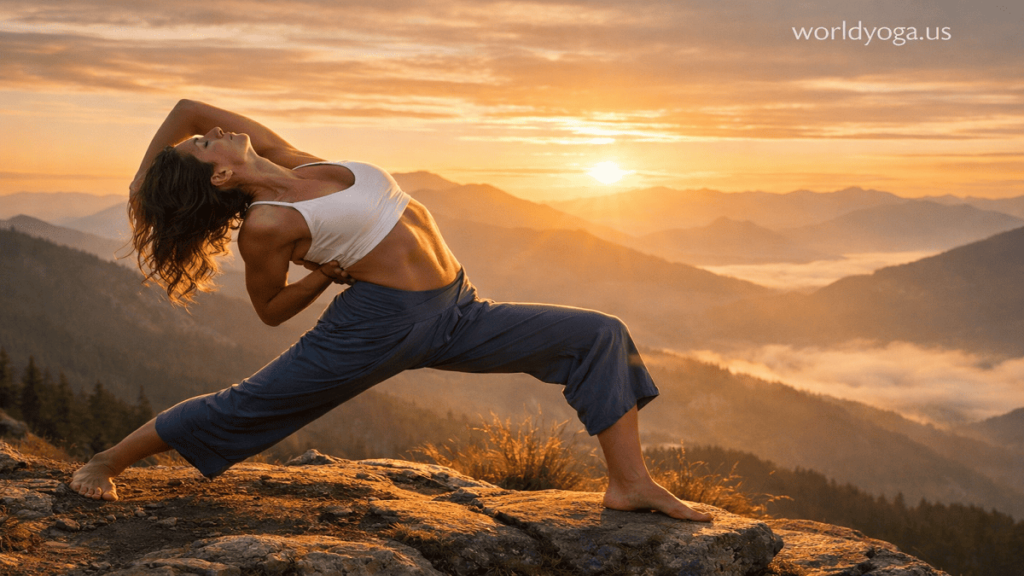 A yoga practitioner performing Ardha Baddha Viparita Virabhadrasana in a deep standing lunge with a reverse backbend and half shoulder bind, demonstrating balance, flexibility, and controlled posture.