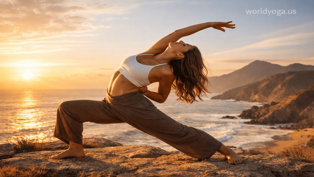 A yoga practitioner performing Viparita Virabhadrasana in a deep lunge with one arm extended overhead, demonstrating balance, spinal extension, and side-body flexibility.