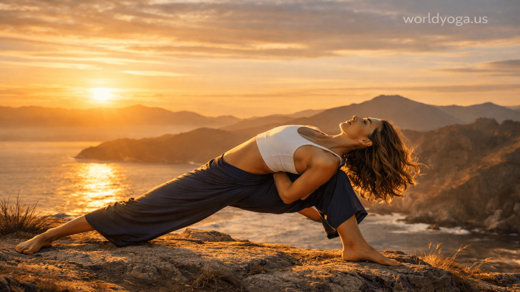 A yoga practitioner performing Bound Side Angle Pose outdoors at sunrise on a mountain or coastal cliff, shown in a deep side lunge with a bound arm position, surrounded by natural light and flowing atmosphere.