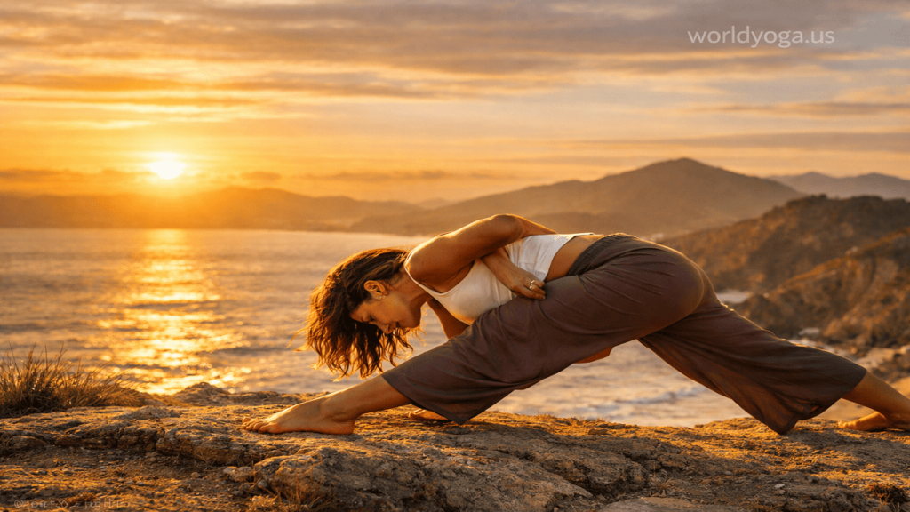 A yoga practitioner performing Ardha Baddha Utthita Parshva Konasana outdoors at sunrise on a cliff or beach, shown in a deep side lunge with a half bind and forward fold in a cinematic natural setting.