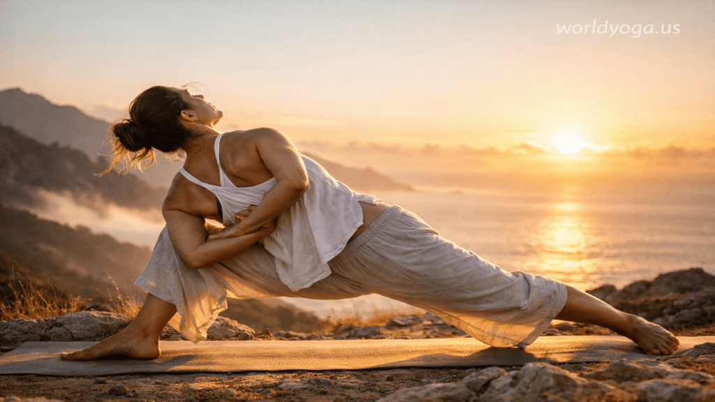 A yoga practitioner performing Baddha Utthita Parshva Konasana outdoors at sunrise on a mountain or beach, shown in a deep lunge with a full bind and forward fold in a cinematic natural setting.