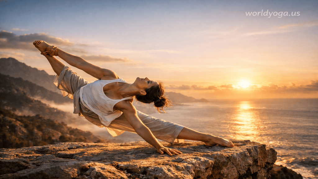 Yoga practitioner performing Vishvamitrasana on a rocky cliff at sunrise, balancing on one hand with dramatic sky and extended leg stretch.