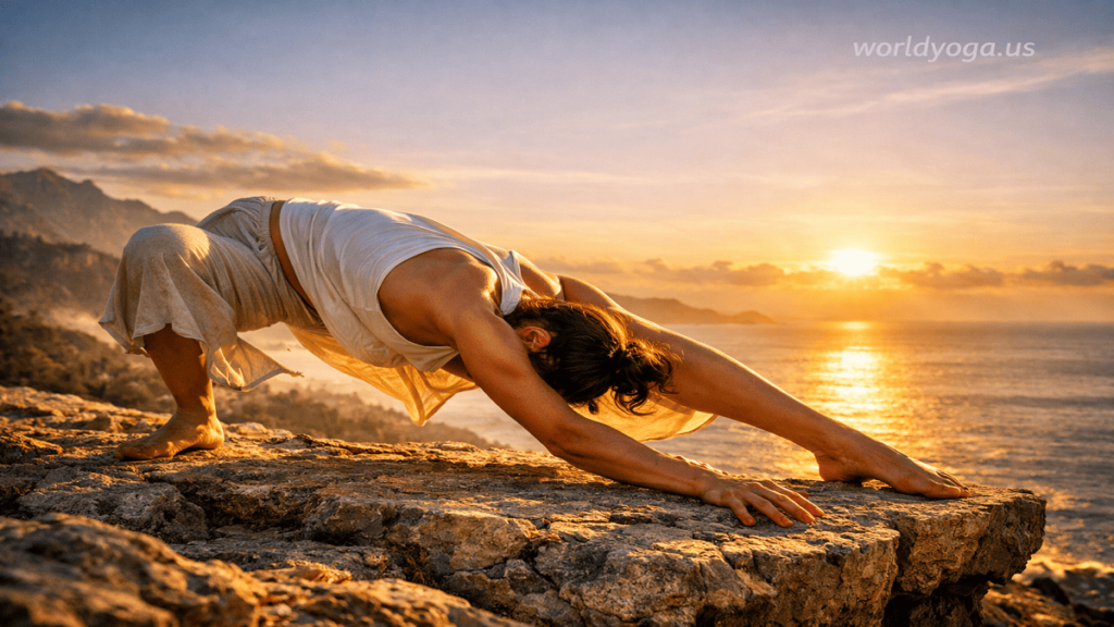 Yogi performing Side Angle Pose Head Behind Leg variation on a mountain cliff at sunrise with dramatic sky and extended body alignment.