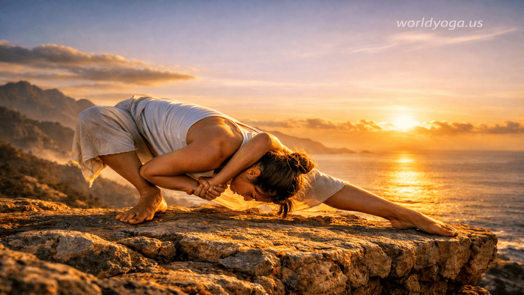 Yogi performing Eka Pada Shirsha Baddha Parshva Konasana on a mountain cliff at sunrise with deep side angle stance, bound arms, and extended leg alignment.