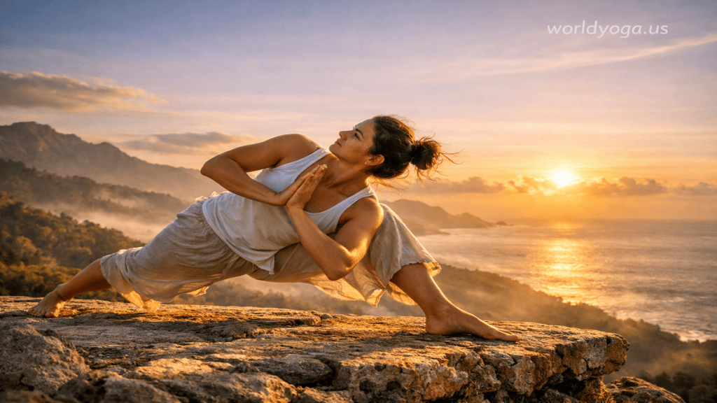 A person performing Revolved Side Angle Pose in a deep lunge with a spinal twist, demonstrating balance, strength, and alignment in a yoga practice.