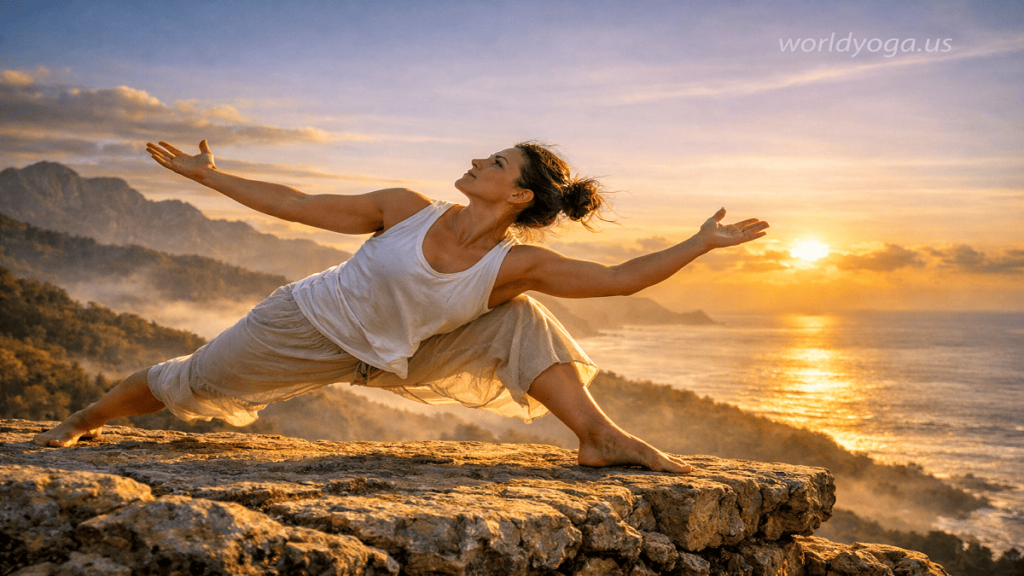Advanced yoga practitioner performing Both Hands Free Revolved Side Angle Pose in a deep lunge with a spinal twist, demonstrating balance, core strength, and stability without hand support.