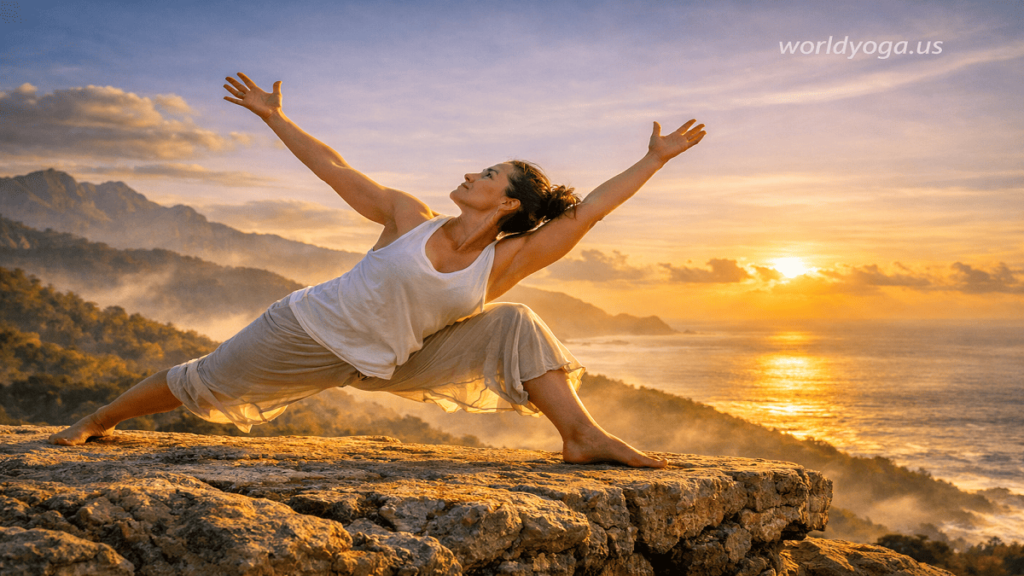 Advanced yoga practitioner performing Both Hands Free Revolved Side Angle Pose in a deep lunge with spinal twist, demonstrating balance, strength, and core stability without hand support.