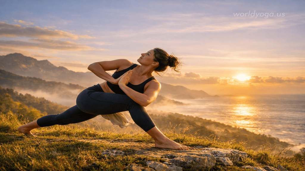 Yoga practitioner performing Revolved Side Angle Pose with a deep lunge and spinal twist, hands in prayer position, demonstrating balance, strength, and alignment.