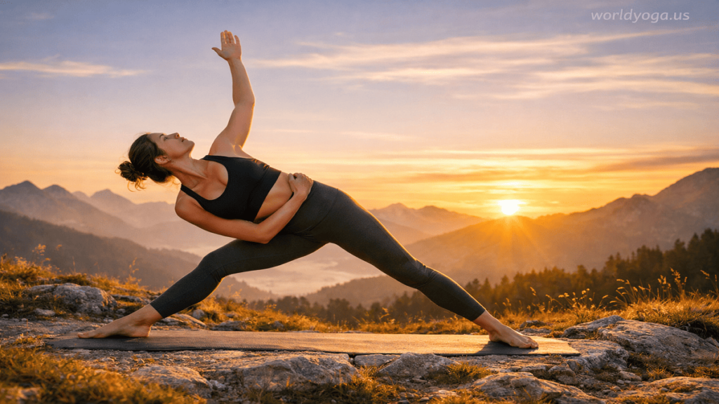 Yoga practitioner performing Ardha Baddha Utthita Trikonasana outdoors at sunrise with mountains and natural landscape in the background.