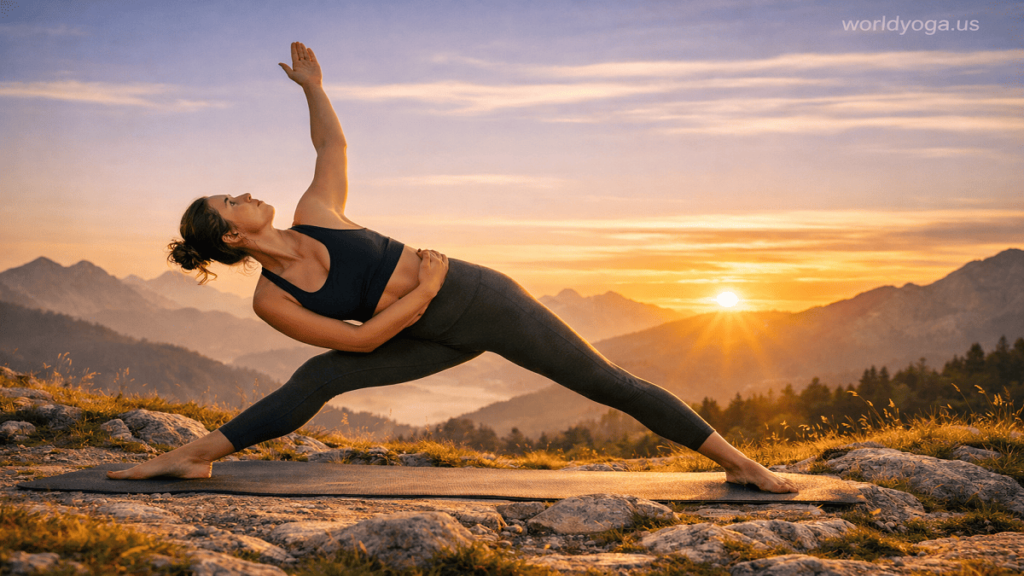 Yoga practitioner performing Baddha Utthita Trikonasana outdoors at sunrise with mountains and natural landscape in the background.