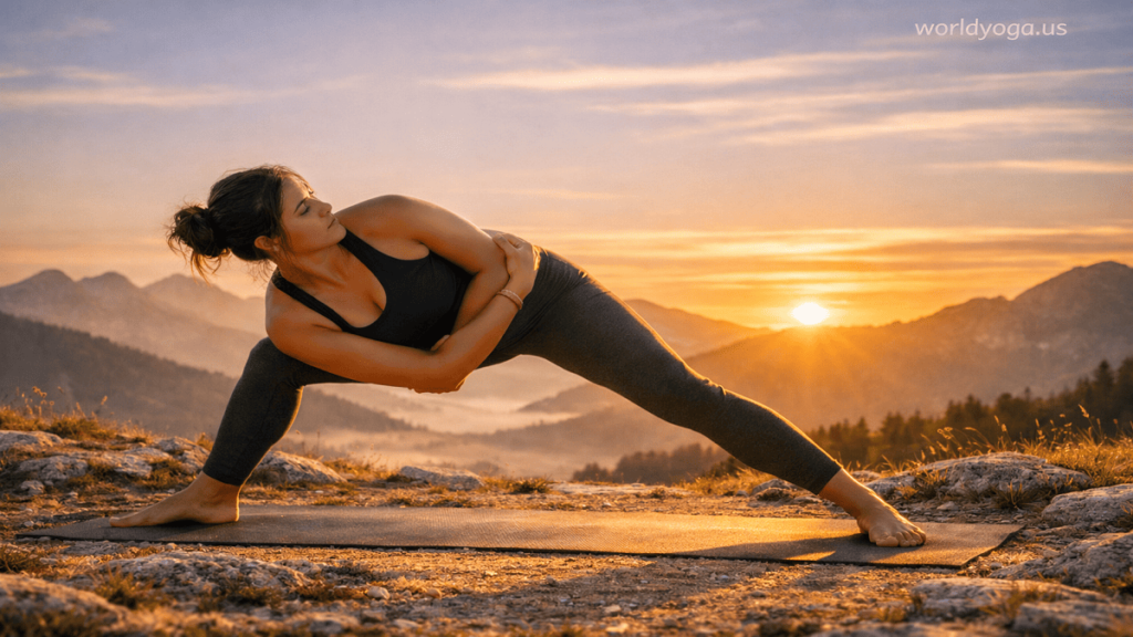 A yoga practitioner holding an advanced Horse Pose variation with forward bend, twist, and bind outdoors at sunrise in a natural landscape with warm golden light.