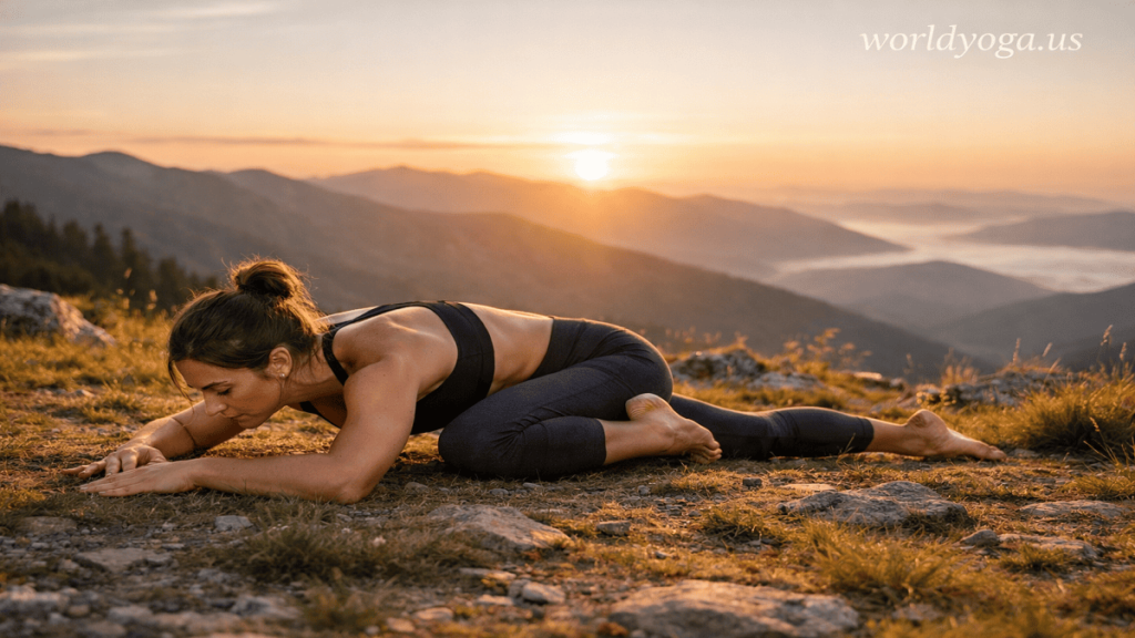 A yoga practitioner performing Ardha Padma Uttana Pristhasana outdoors at sunrise in a low lunge with half-lotus back leg and forward spinal extension.