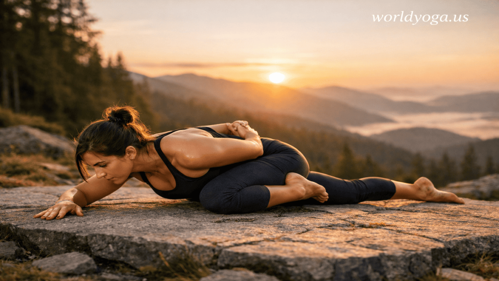 A yoga practitioner holding an advanced lunge pose with half-lotus leg placement and bound arms outdoors during sunrise.