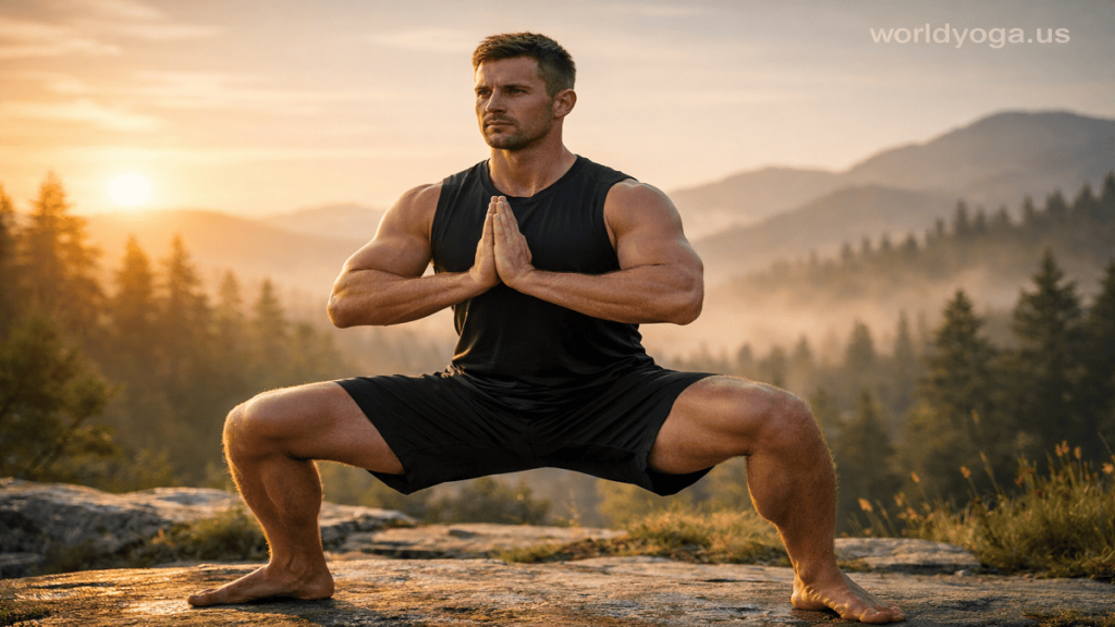 An athletic yoga practitioner performing a wide-stance squat with upright spine outdoors during sunrise with natural landscape in the background.