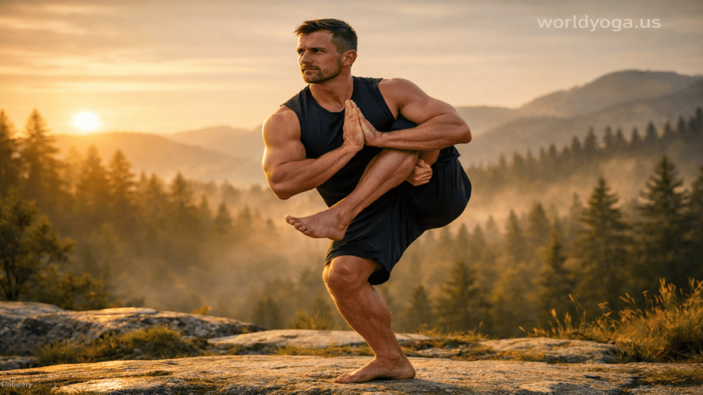 An athletic yoga practitioner performing a one-legged twisted balance pose outdoors during sunrise with natural landscape in the background.