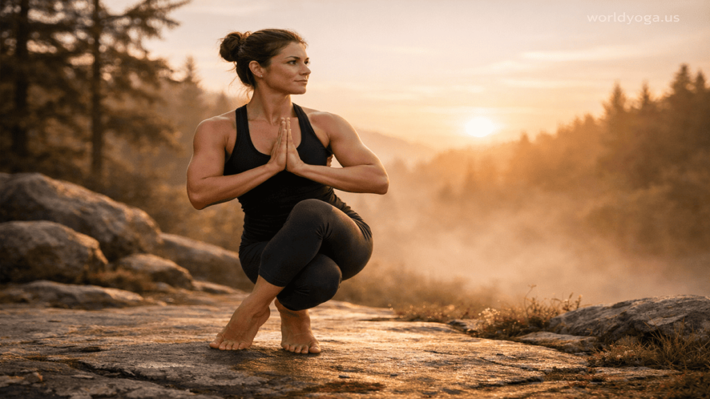 Yoga practitioner performing Vatayanasana advanced balancing pose outdoors in nature with sunrise lighting