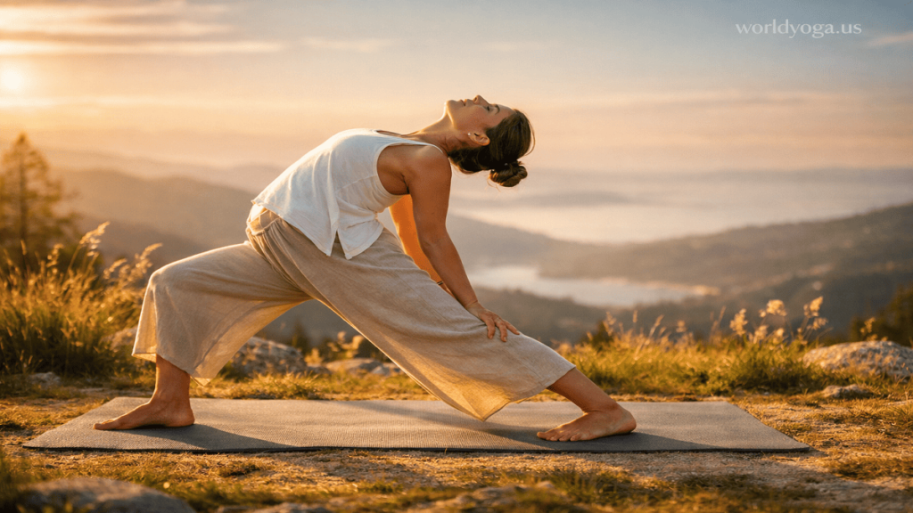 A person performing Parshvottanasana outdoors on a yoga mat, smoothly transitioning from a straight spine forward fold into a gentle backbend under warm golden sunlight.