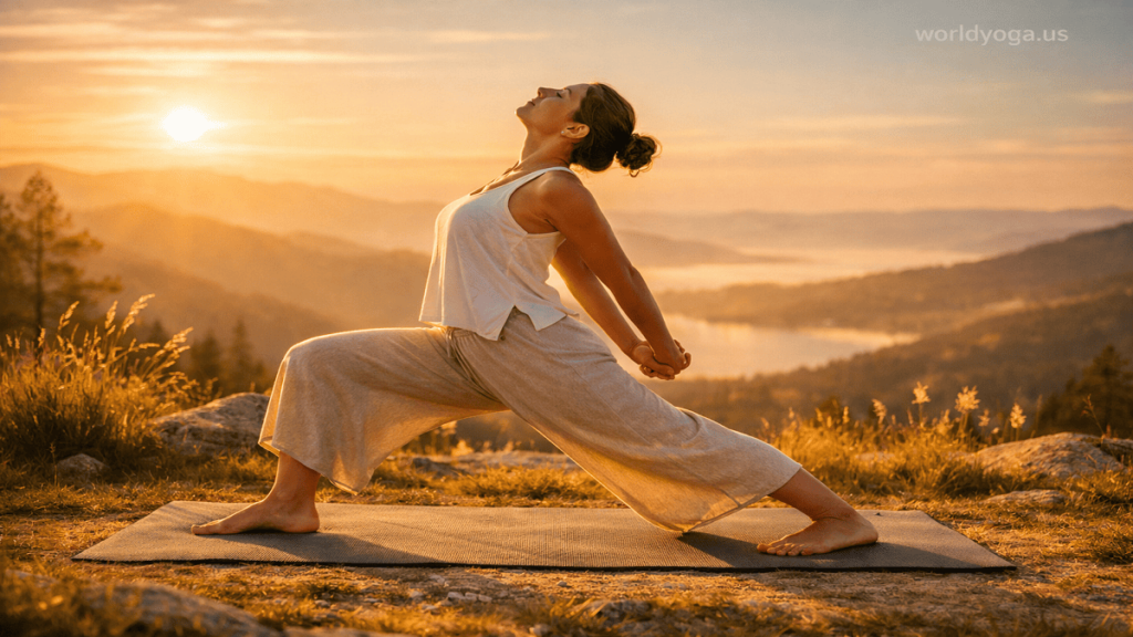 A person practicing Baddha Hastasana outdoors at sunrise in a warrior variation with bound hands, lifted chest, and calm meditative focus.