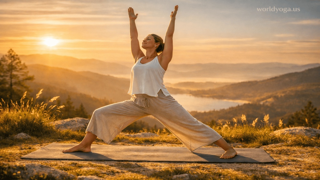 Person performing the Legs Wide: Arms Up Over the Head yoga pose with a wide stance and arms extended overhead in a calm wellness setting.