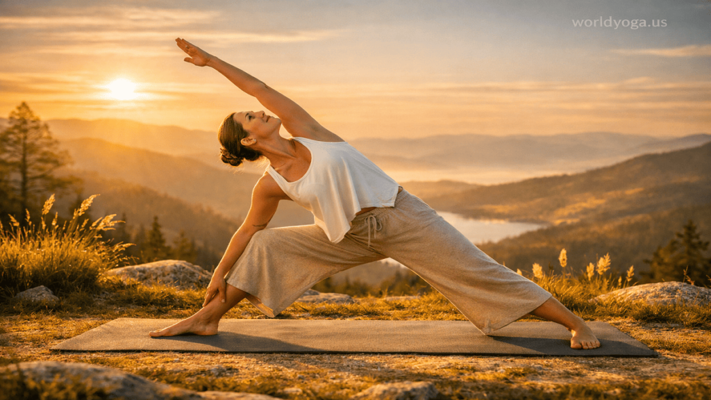 A person practicing Angle Pose yoga variation with a wide stance and extended arms in a calm studio environment.