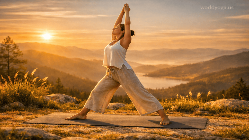 Person performing Book Stand Pose with Upward Bound Hands in a standing position with arms extended overhead and proper alignment.