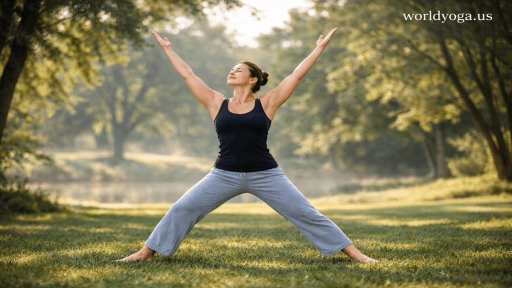 Easy Feet Spread. A person performing a wide-legged standing yoga pose with arms stretched upward in a green park under soft sunlight.