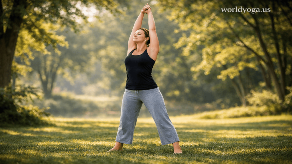 Grantadara Urdhva Baddha Hastasana. A person practicing an upward bound-hand standing yoga pose outdoors in a green park under soft sunlight.