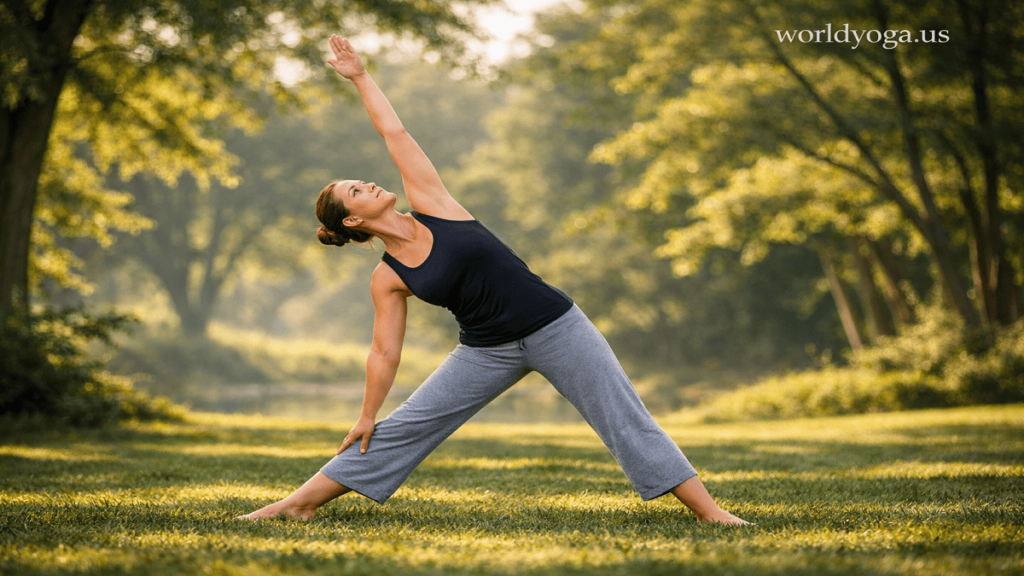 A person practicing Konasana yoga pose outdoors in a green park with a wide stance and side stretch under sunlight.