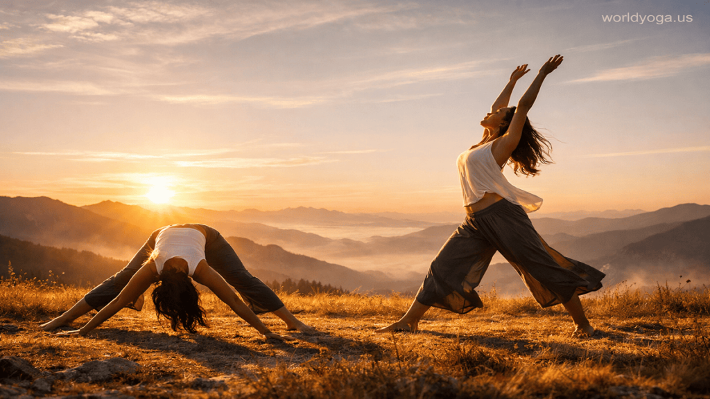 A yoga practitioner performing a wide-legged forward fold transitioning into an upward stretch outdoors at sunrise in a natural landscape.